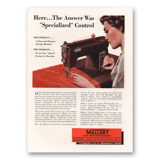 1954 Mallory Sewing Machine Specialized Control Vintage Magazine Print Ad