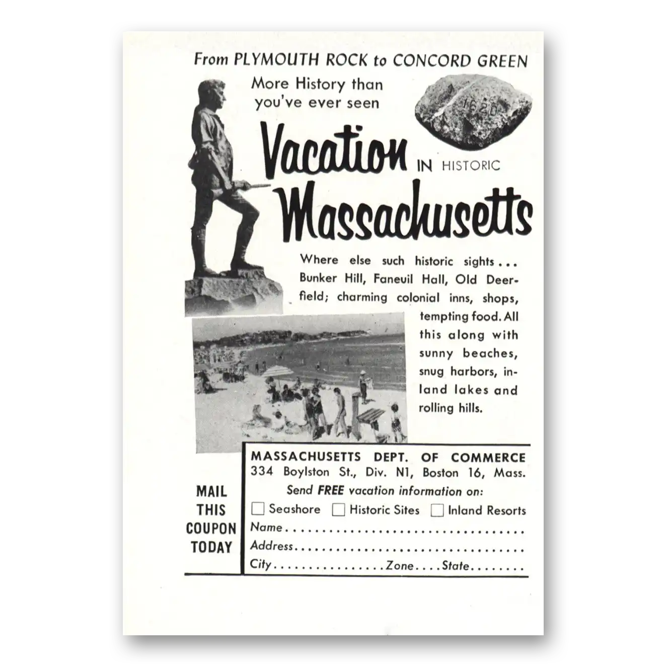 1954 Massachusetts Plymouth Rock to Concord Green Vintage Magazine Print Ad