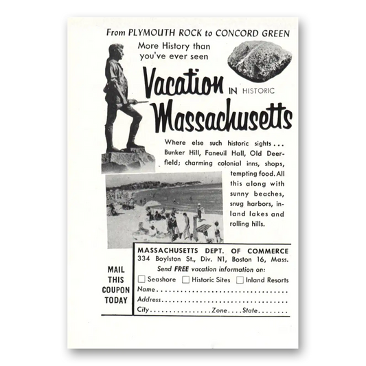 1954 Massachusetts Plymouth Rock to Concord Green Vintage Magazine Print Ad