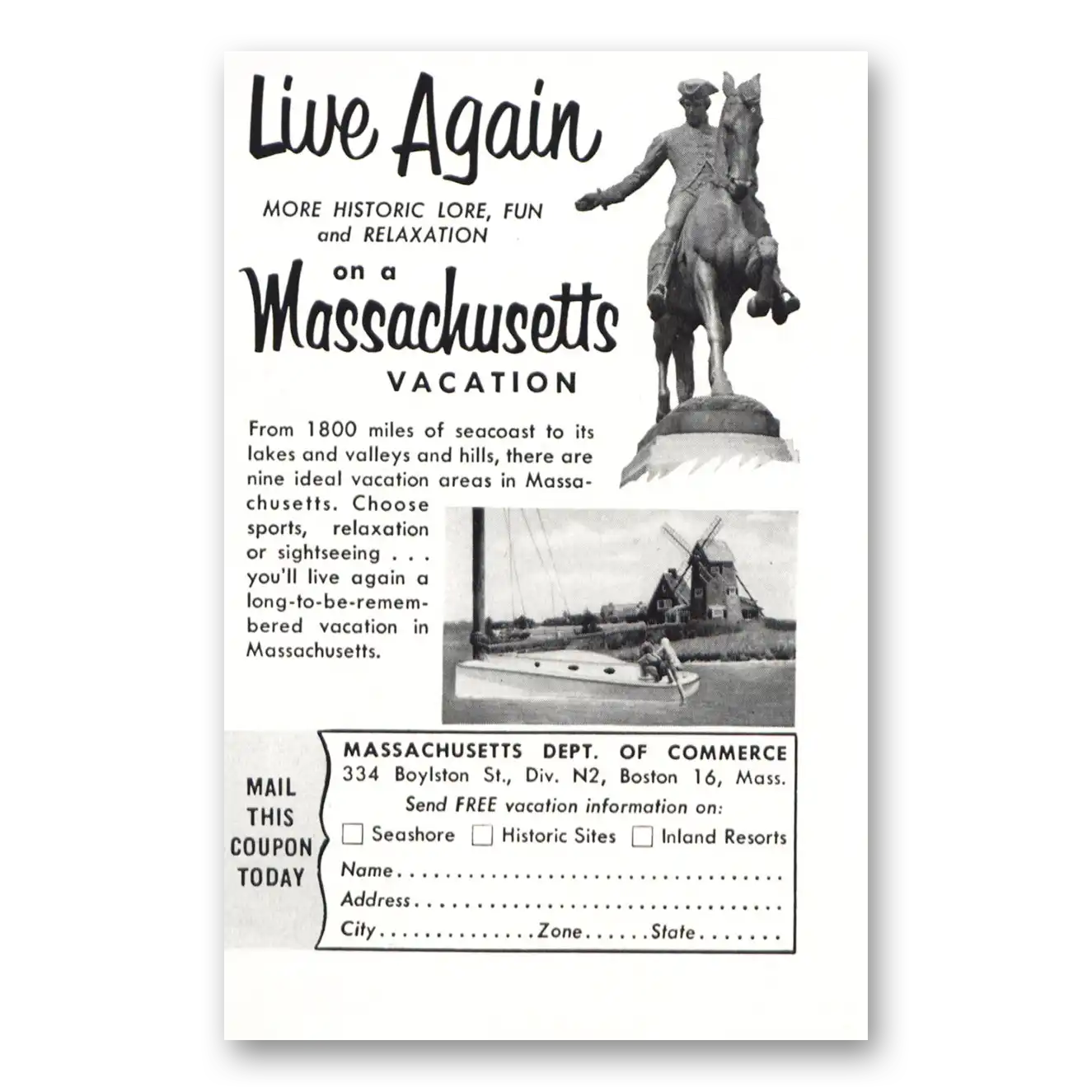 1954 Massachusetts Live Again Vintage Magazine Print Ad