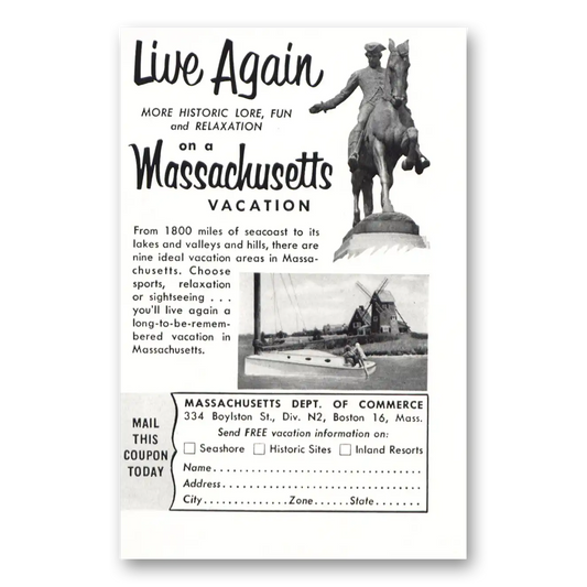 1954 Massachusetts Live Again Vintage Magazine Print Ad