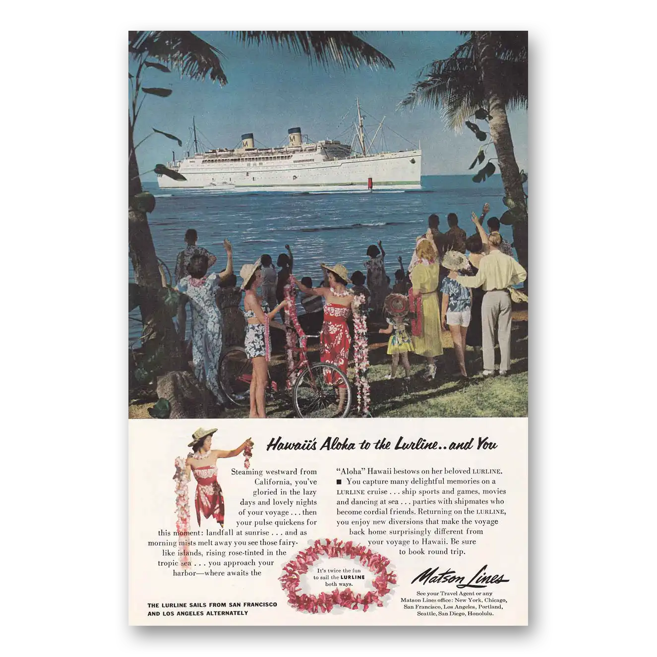 1954 Matson Line Hawaii's Aloha to the Lurline Vintage Magazine Print Ad