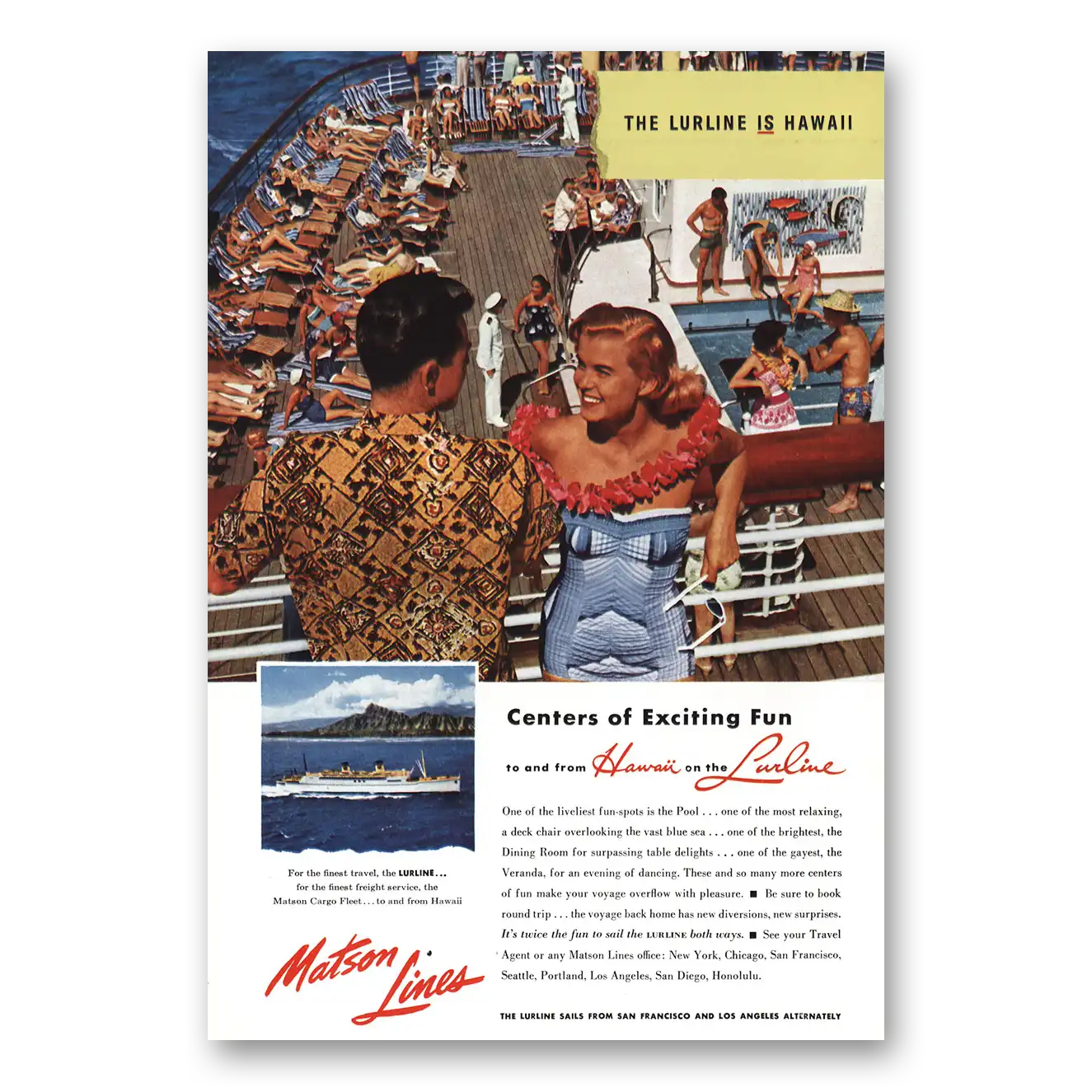 1954 Matson Line Lurline Hawaii Exciting Fun Vintage Magazine Print Ad