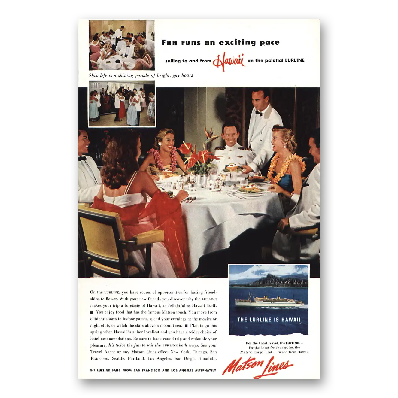 1954 Matson Line Hawaii Lurline Dinner Vintage Magazine Print Ad