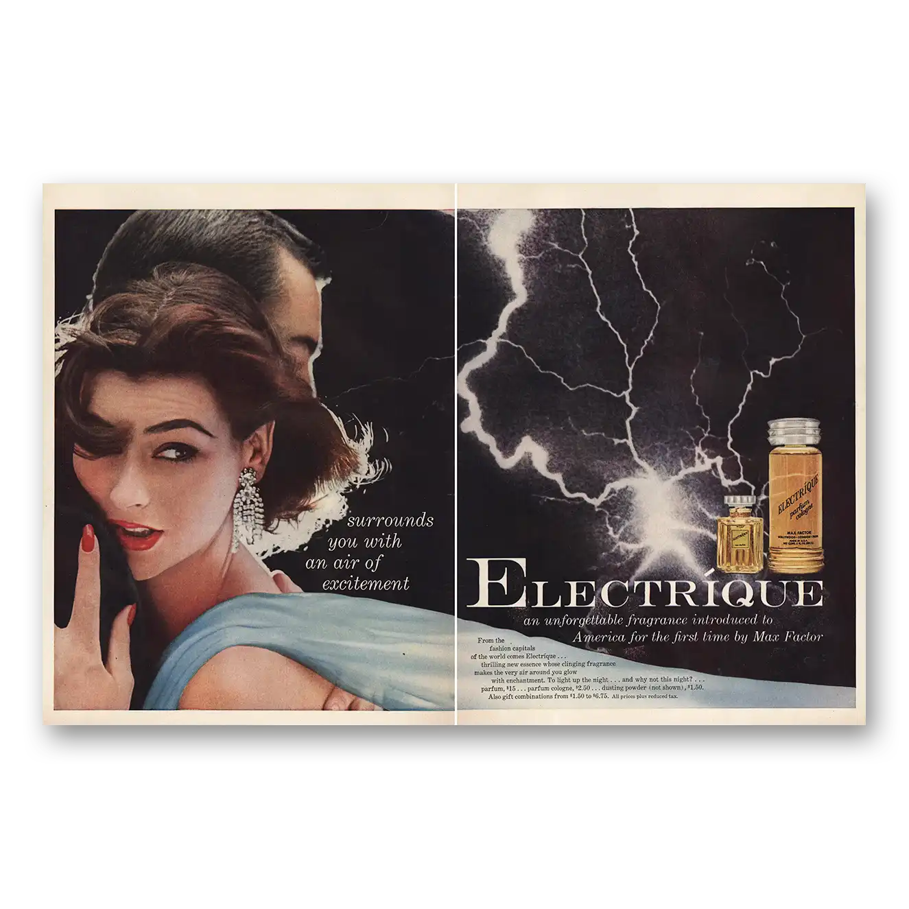 1954 Electrique Perfume Surrounds You Vintage Magazine Print Ad
