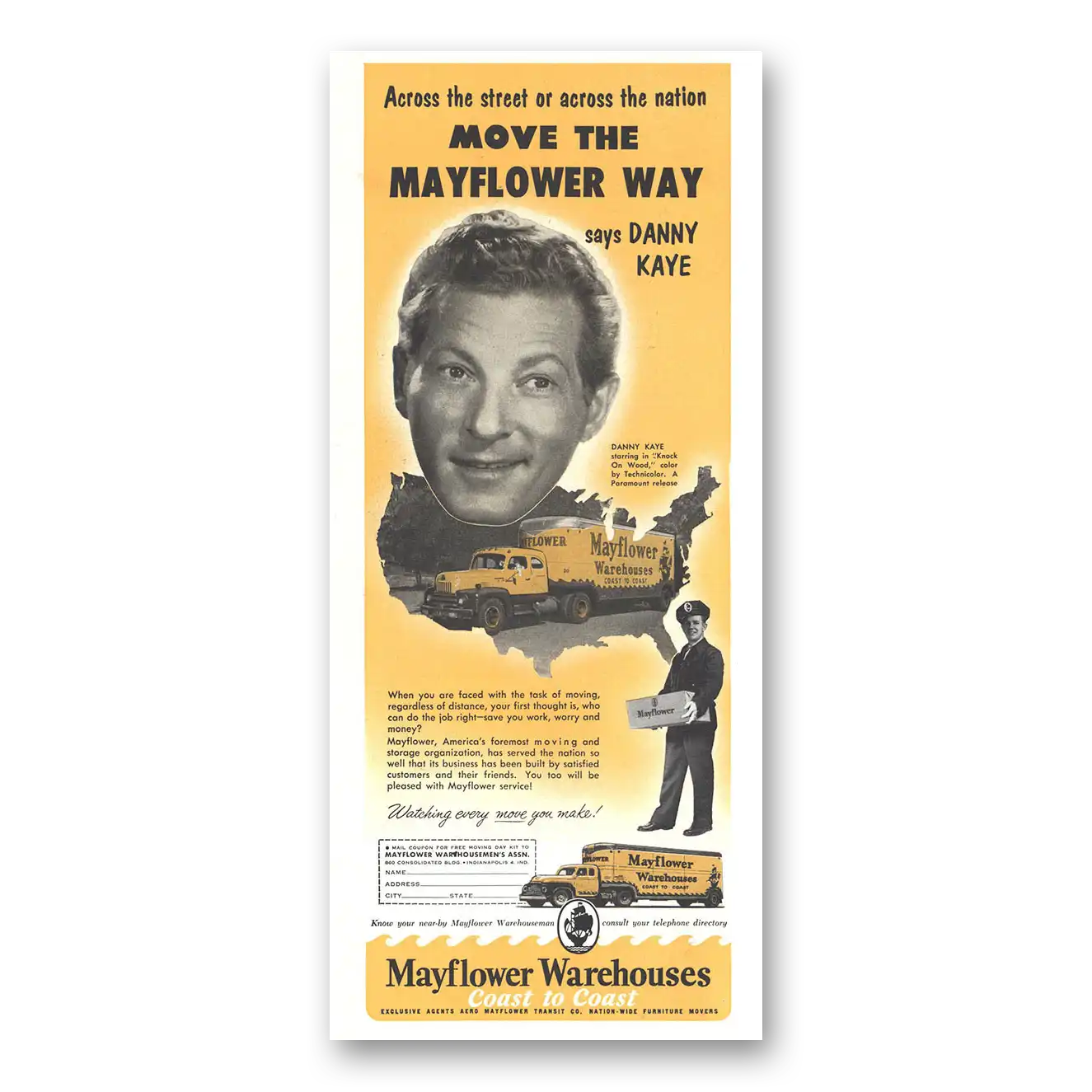 1954 Mayflower Moving Trucks Warehouses Danny Kaye Vintage Magazine Print Ad