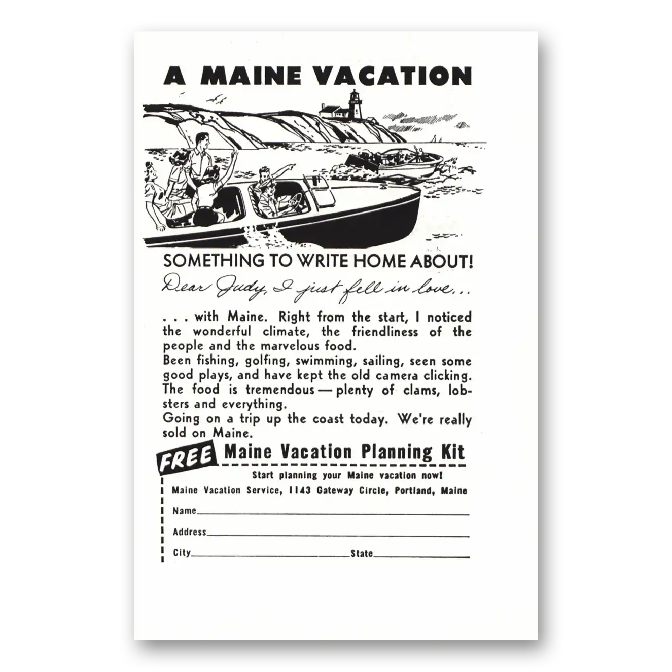 1954 Maine Boat Lighthouse Vintage Magazine Print Ad