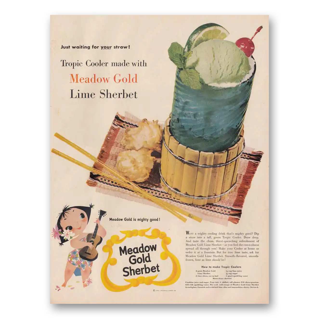 1954 Meadow Gold Lime Sherbet Sherbet Tropic Cooler Vintage Magazine Print Ad