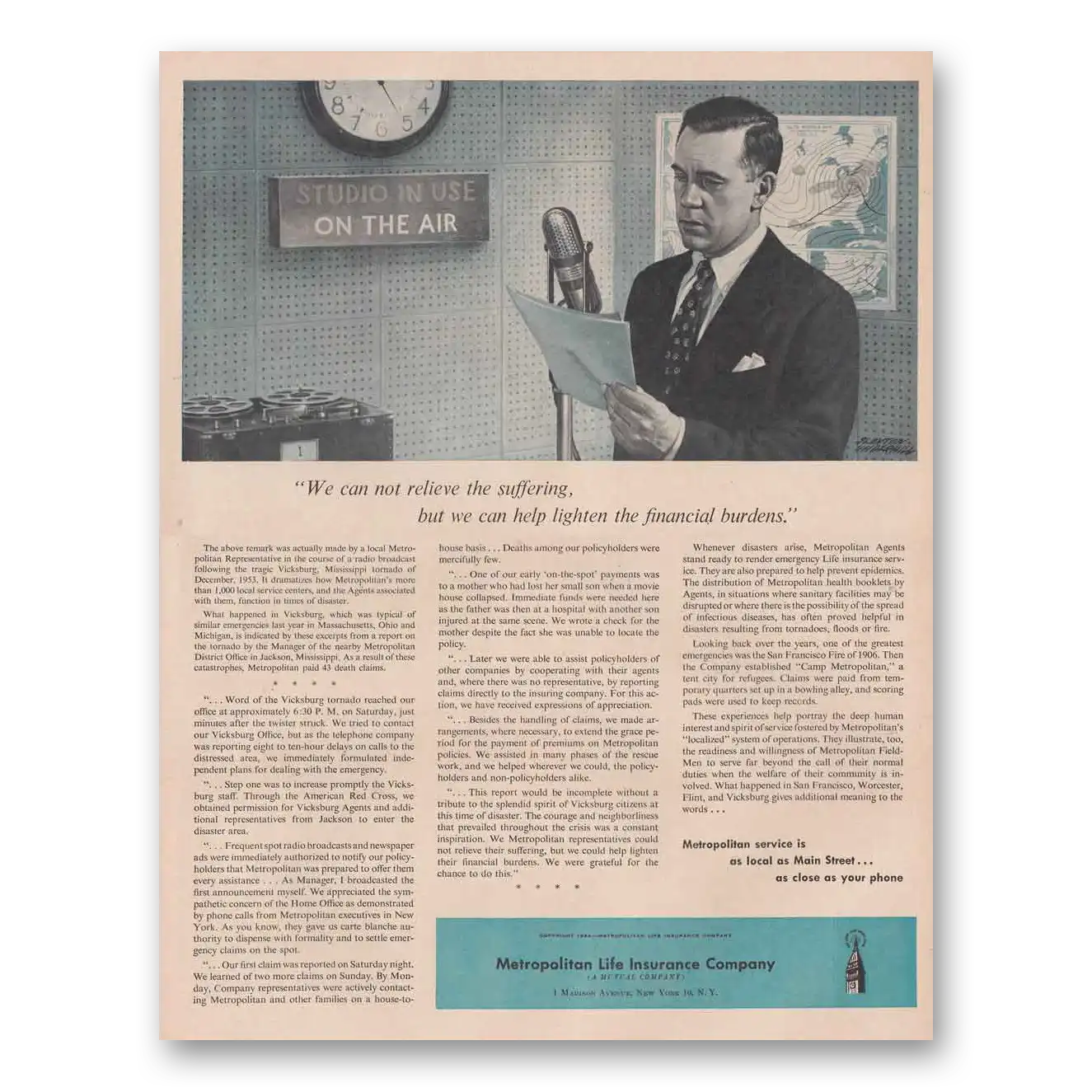 1954 Metropolitan Life Insurance Can Not Relieve the Suffering Vintage Magazine Print Ad