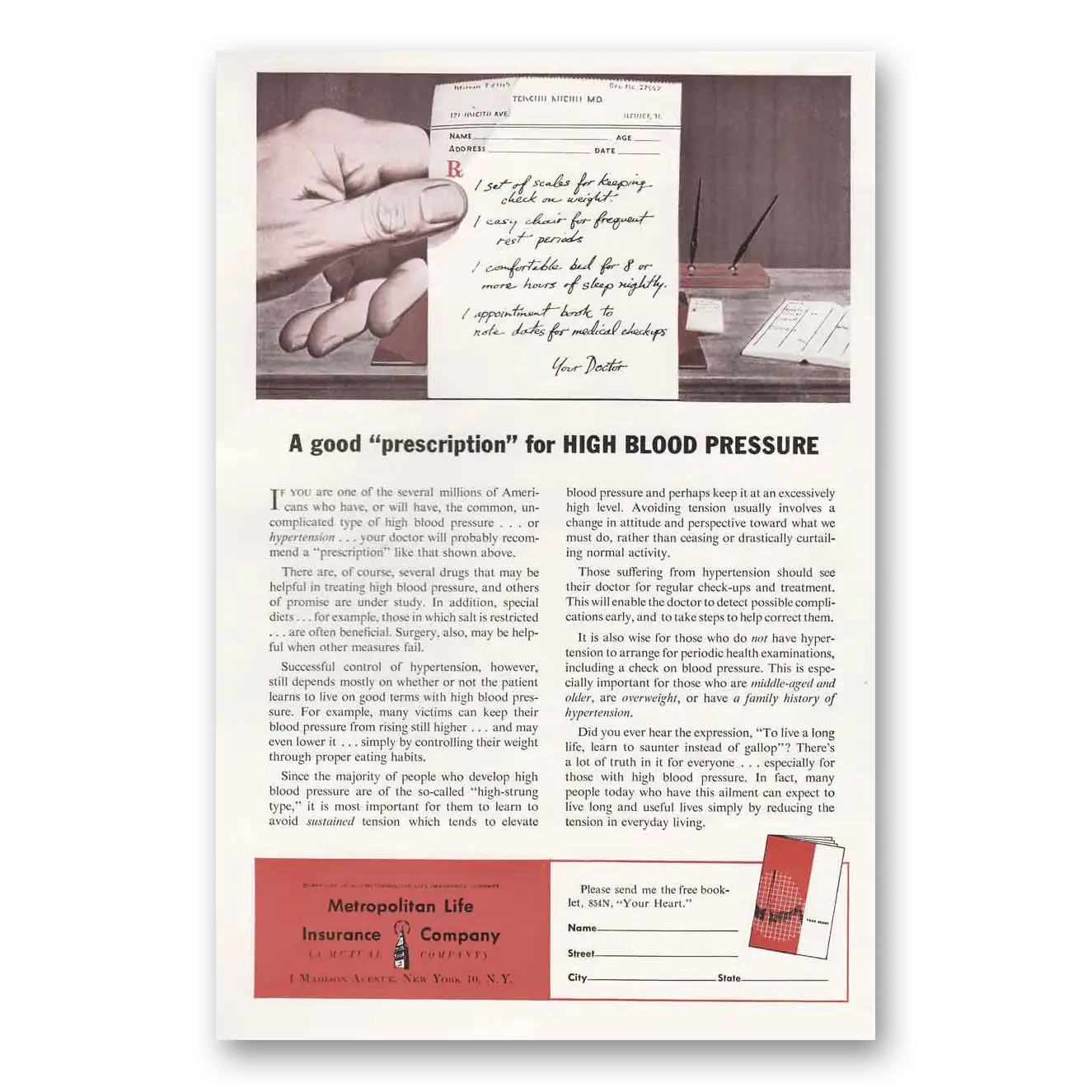 1954 Metropolitan Life Insurance Prescription Blood Vintage Magazine Print Ad