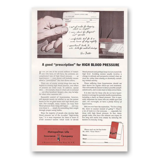 1954 Metropolitan Life Insurance Prescription Blood Vintage Magazine Print Ad