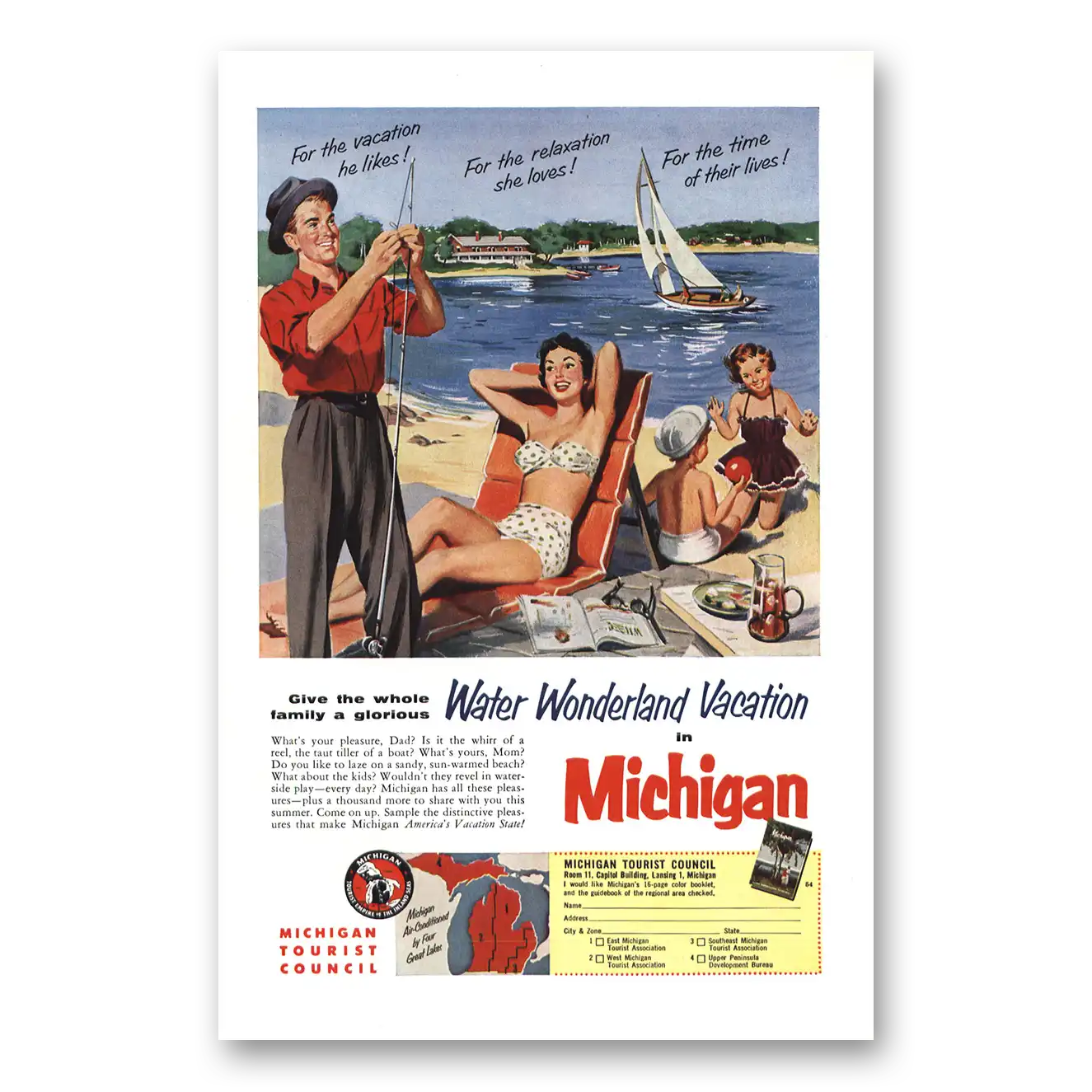 1954 Michigan Water Wonderland in Michigan Vintage Magazine Print Ad