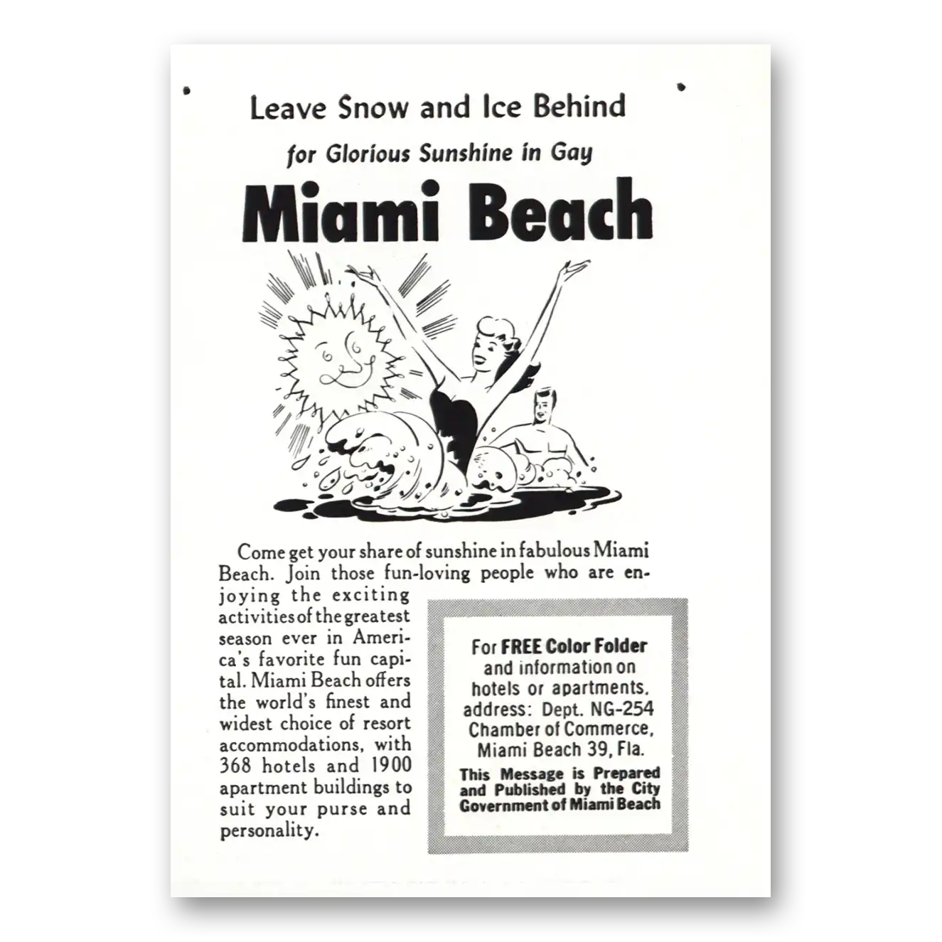 1954 Miami Beach Florida Leave Snow and Ice Behind Vintage Magazine Print Ad