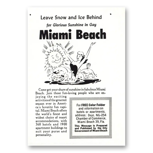 1954 Miami Beach Florida Leave Snow and Ice Behind Vintage Magazine Print Ad