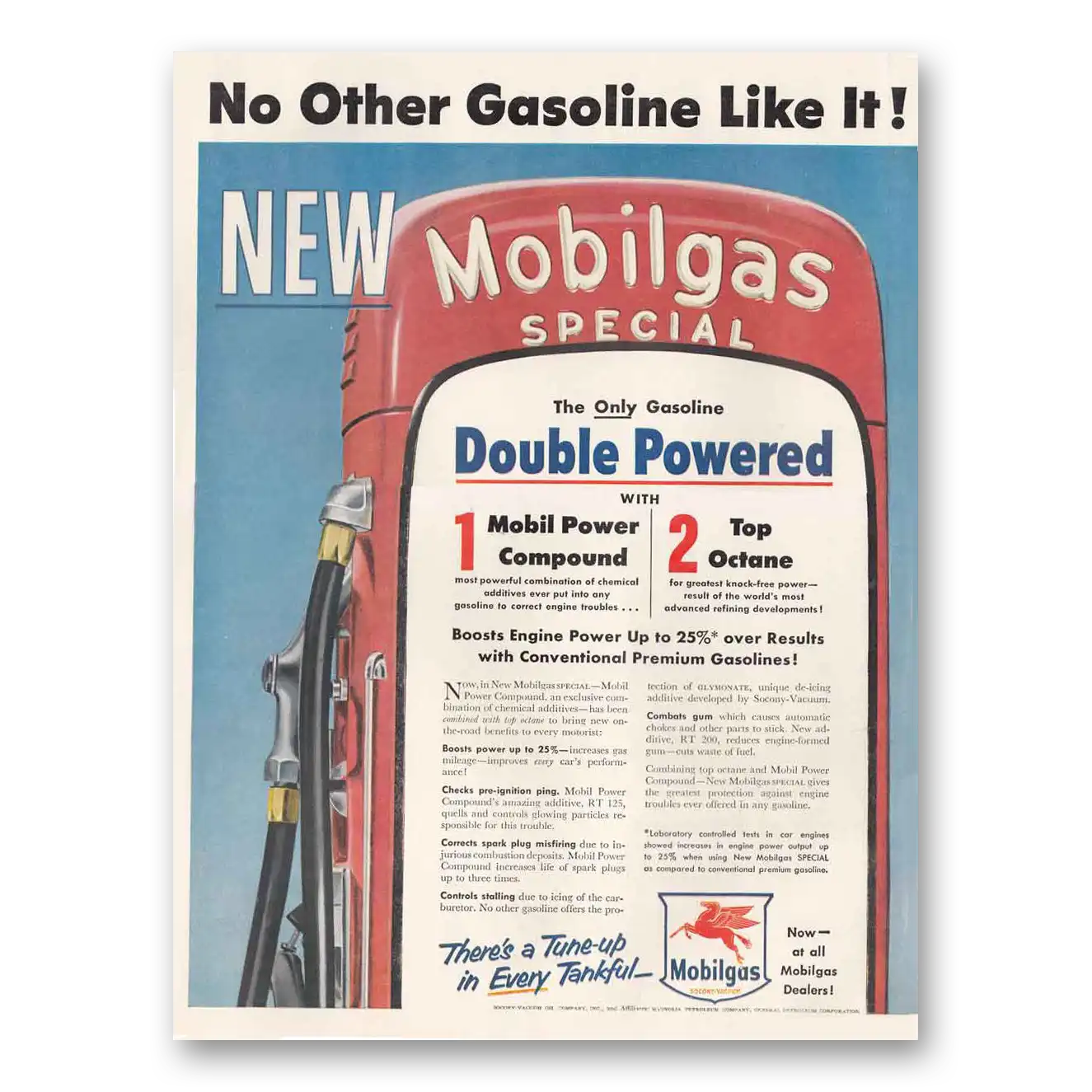 1954 Mobilgas Only Gasoline Double Powered Vintage Magazine Print Ad