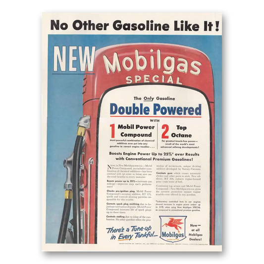 1954 Mobilgas Only Gasoline Double Powered Vintage Magazine Print Ad