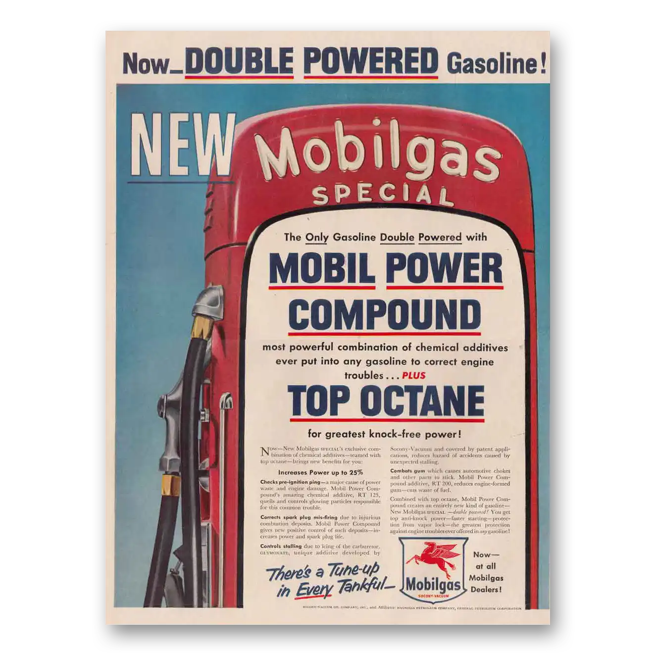 1954 Mobilgas Mobile Power Compound Top Octane Vintage Magazine Print Ad