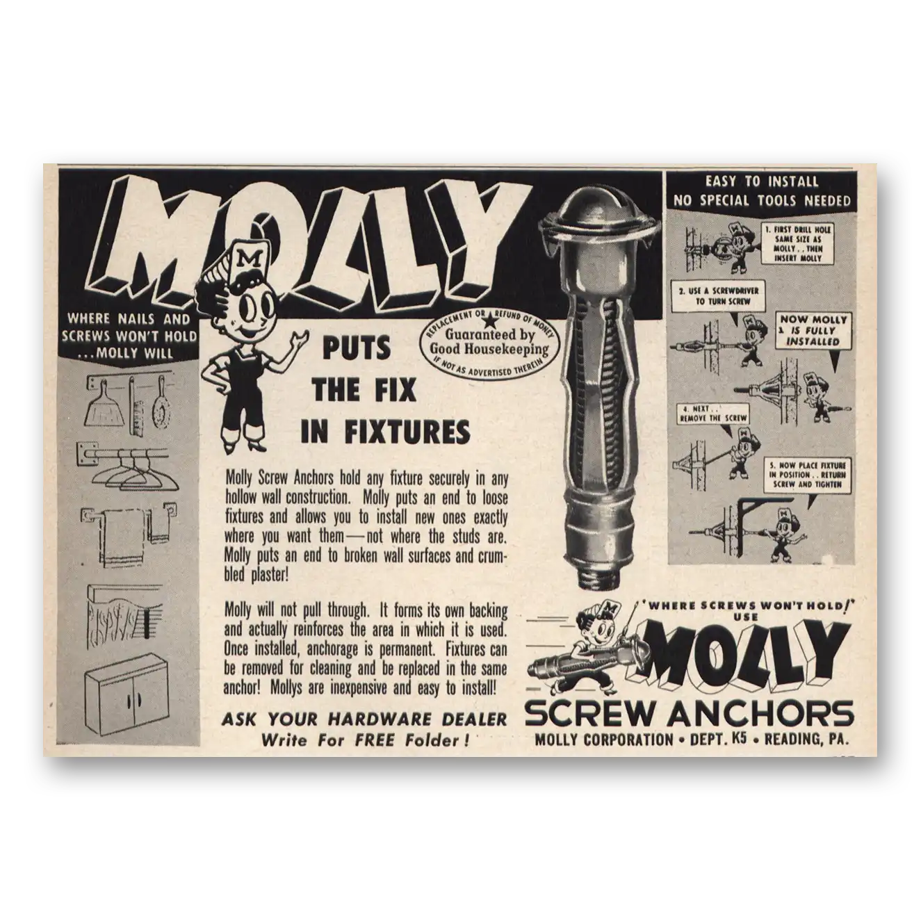 1954 Molly Screw Anchors Puts the Fix In Fixtures Vintage Magazine Print Ad