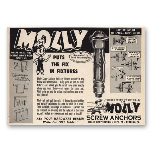 1954 Molly Screw Anchors Puts the Fix In Fixtures Vintage Magazine Print Ad