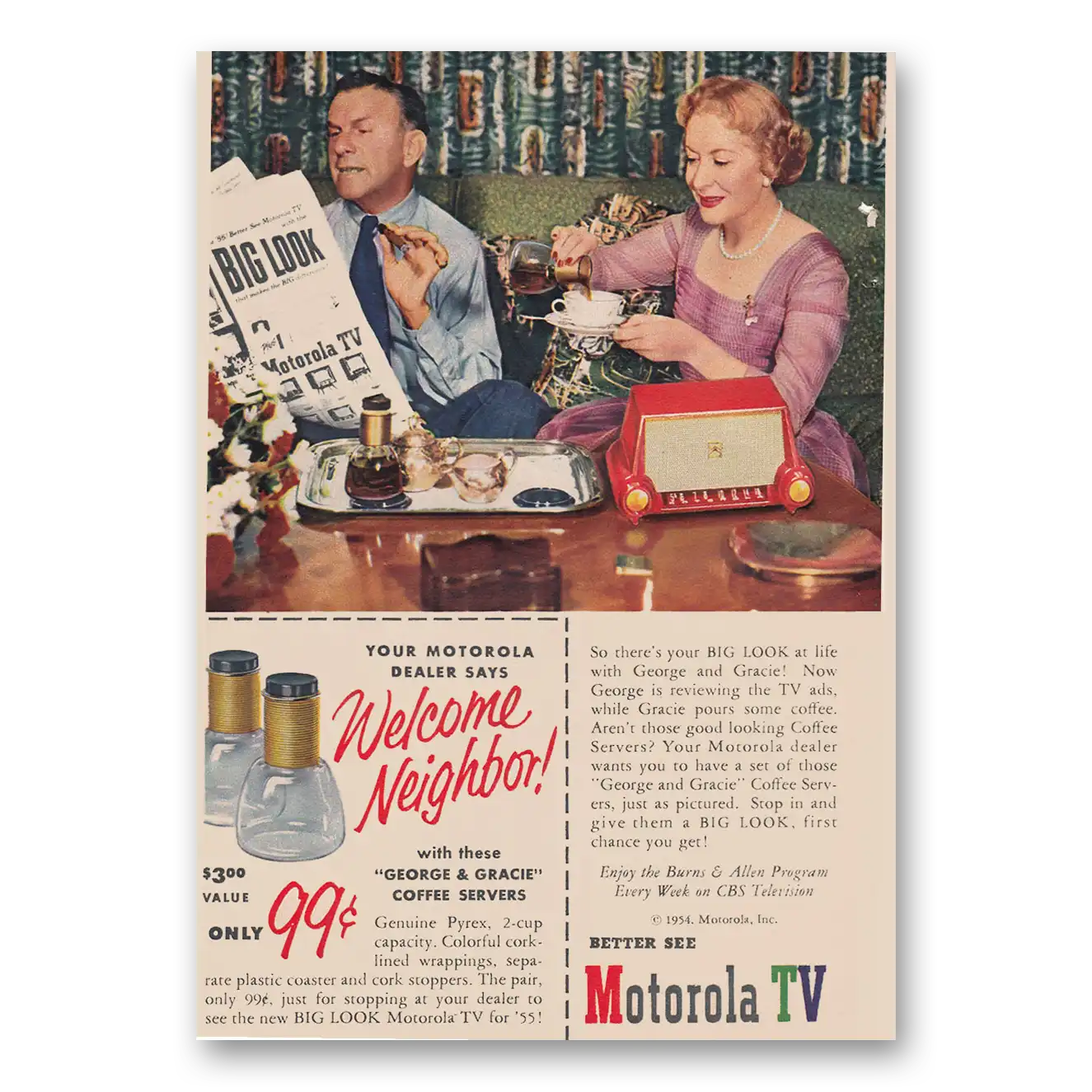 1954 Motorola Television Welcome Neighbor Vintage Magazine Print Ad