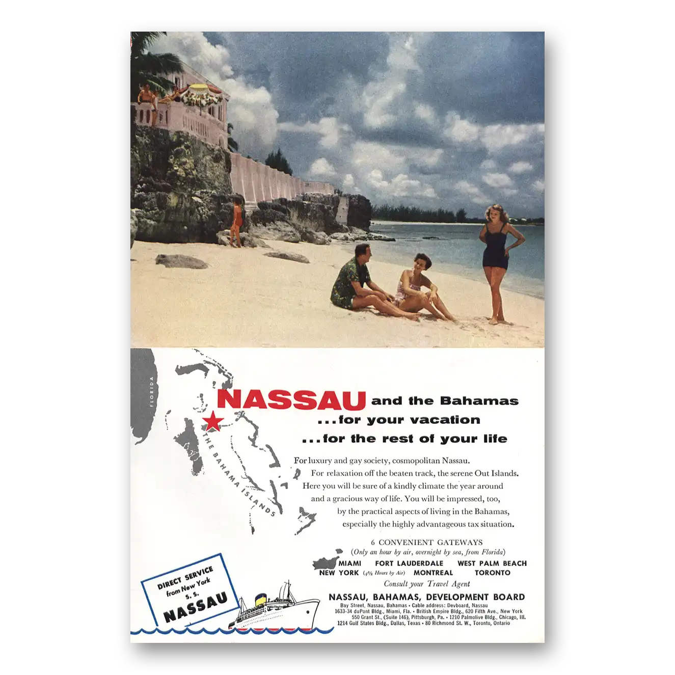 1954 Nassau Bahamas Nassau Beach Vintage Magazine Print Ad