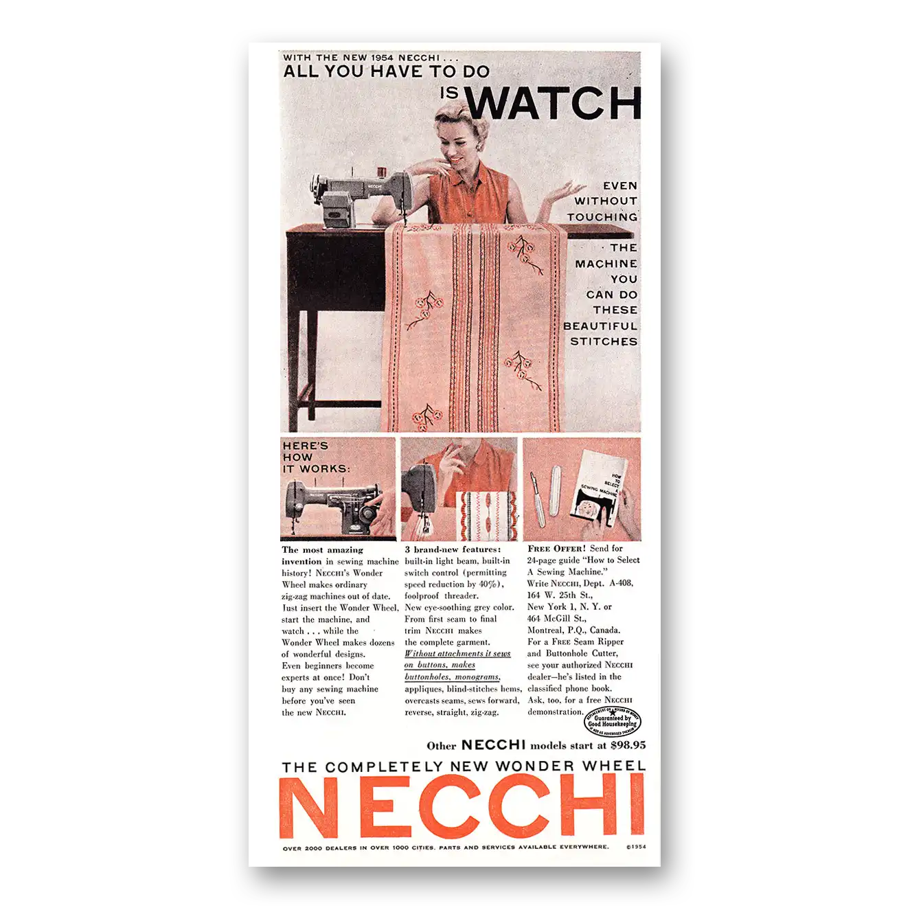 1954 Necchi Sewing Machine All You Have To Do Is Watch Vintage Magazine Print Ad