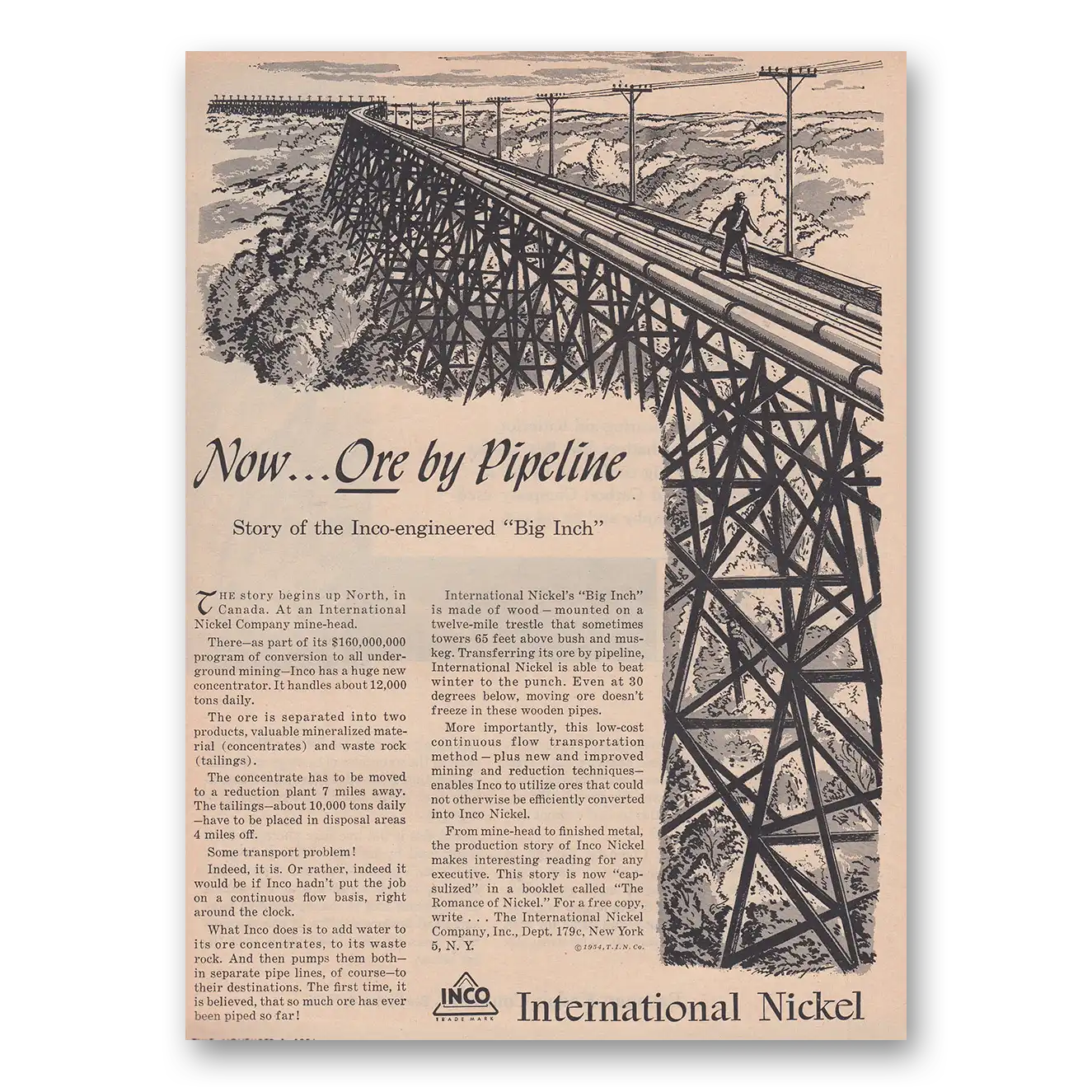 1954 International Nickel INCO Now Ore By Pipeline Vintage Magazine Print Ad