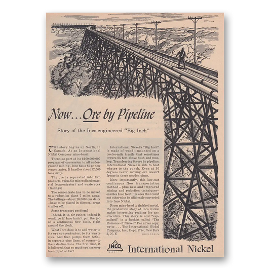 1954 International Nickel INCO Now Ore By Pipeline Vintage Magazine Print Ad