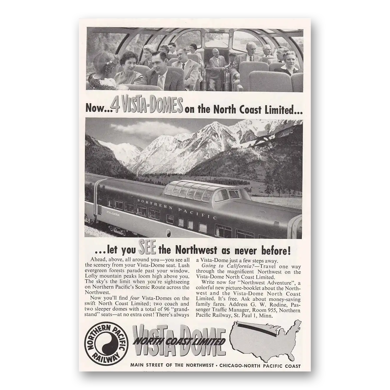 1954 Northern Pacific Railway Vista Domes Vintage Magazine Print Ad