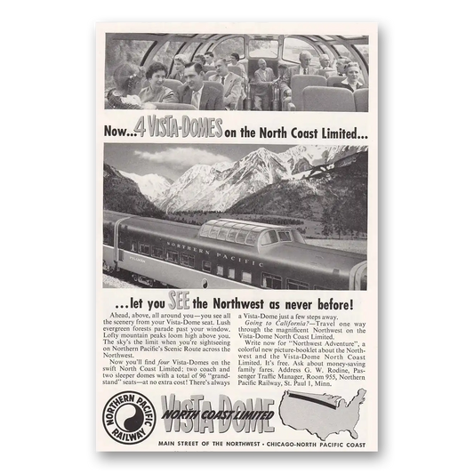 1954 Northern Pacific Railway Vista Domes Vintage Magazine Print Ad