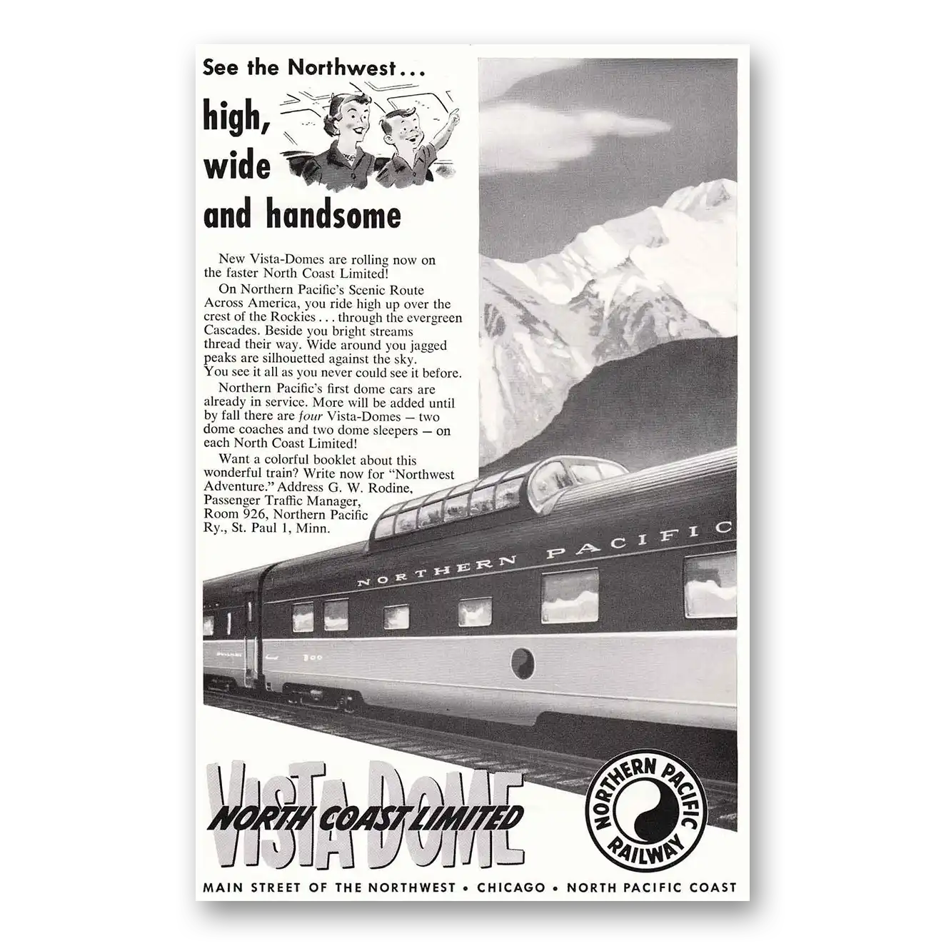 1954 Northern Pacific Railway High Wide and Handsome Vintage Magazine Print Ad