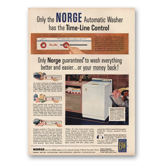 1954 Norge Washer Time Line Control Vintage Magazine Print Ad