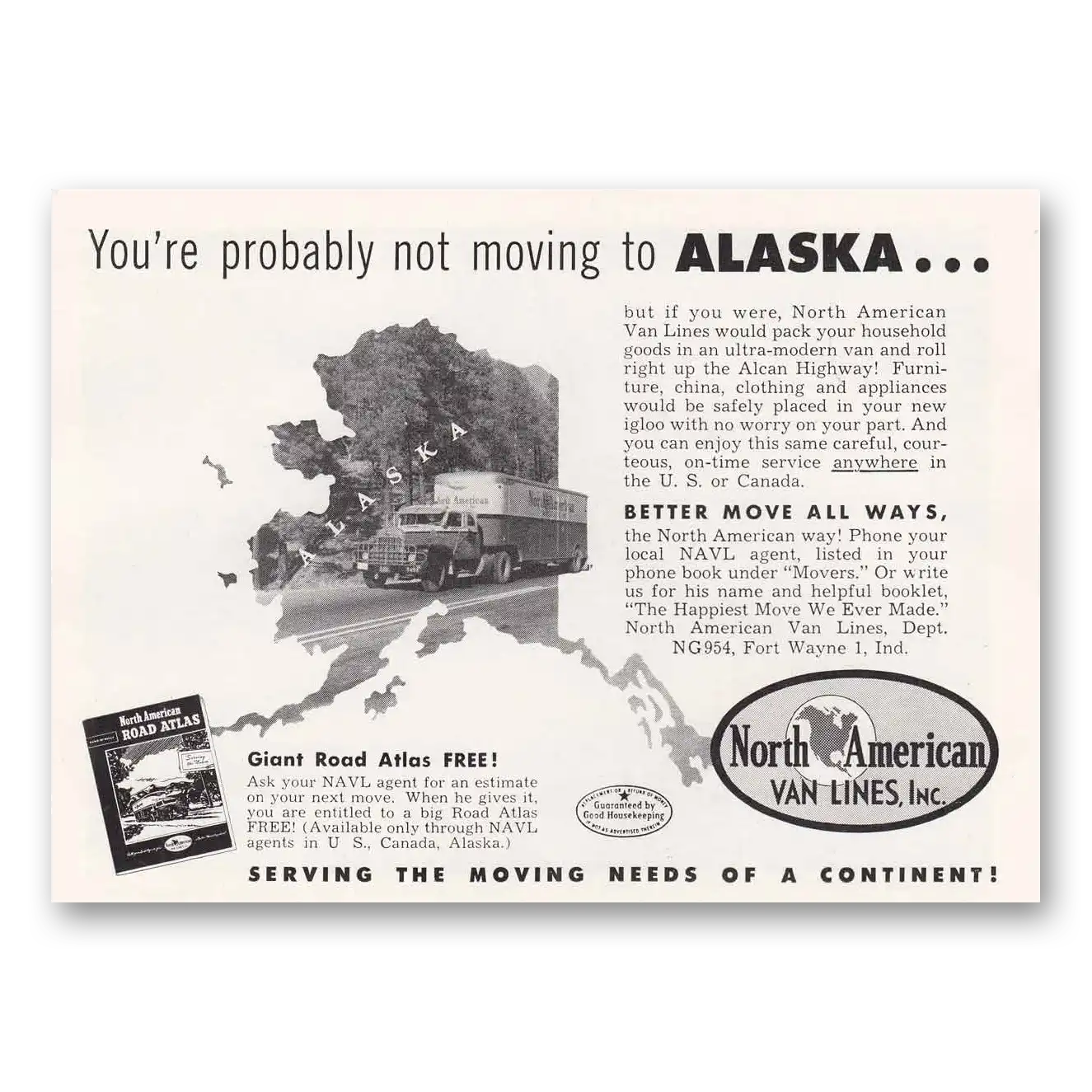 1954 North American Van Lines Probably Not Moving to Alaska Vintage Magazine Print Ad