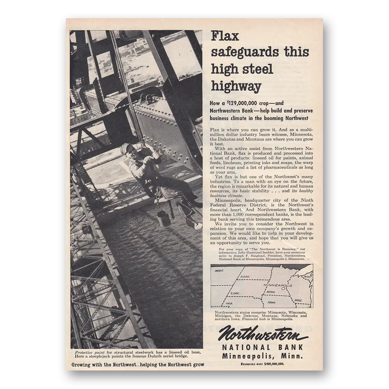 1954 Northwestern National Bank Flax Safeguards High Steel Highway Vintage Magazine Print Ad