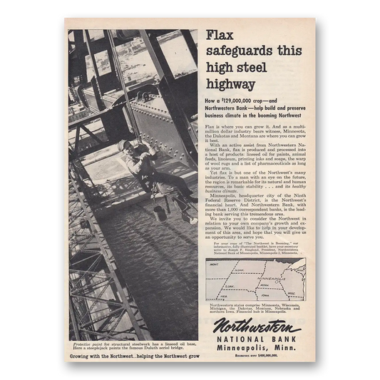 1954 Northwestern National Bank Flax Safeguards High Steel Highway Vintage Magazine Print Ad