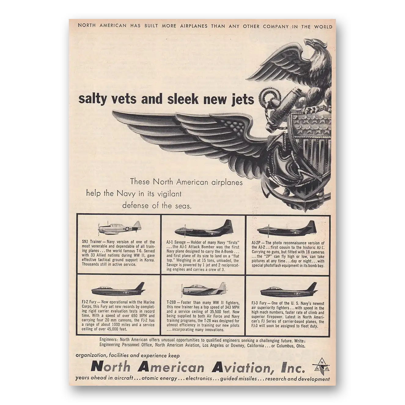 1954 North American Aviation Salty Vets and Sleek New Jobs Vintage Magazine Print Ad