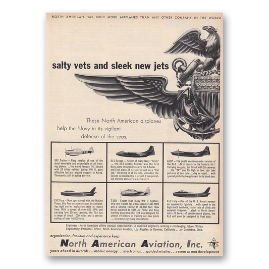 1954 North American Aviation Salty Vets and Sleek New Jobs Vintage Magazine Print Ad