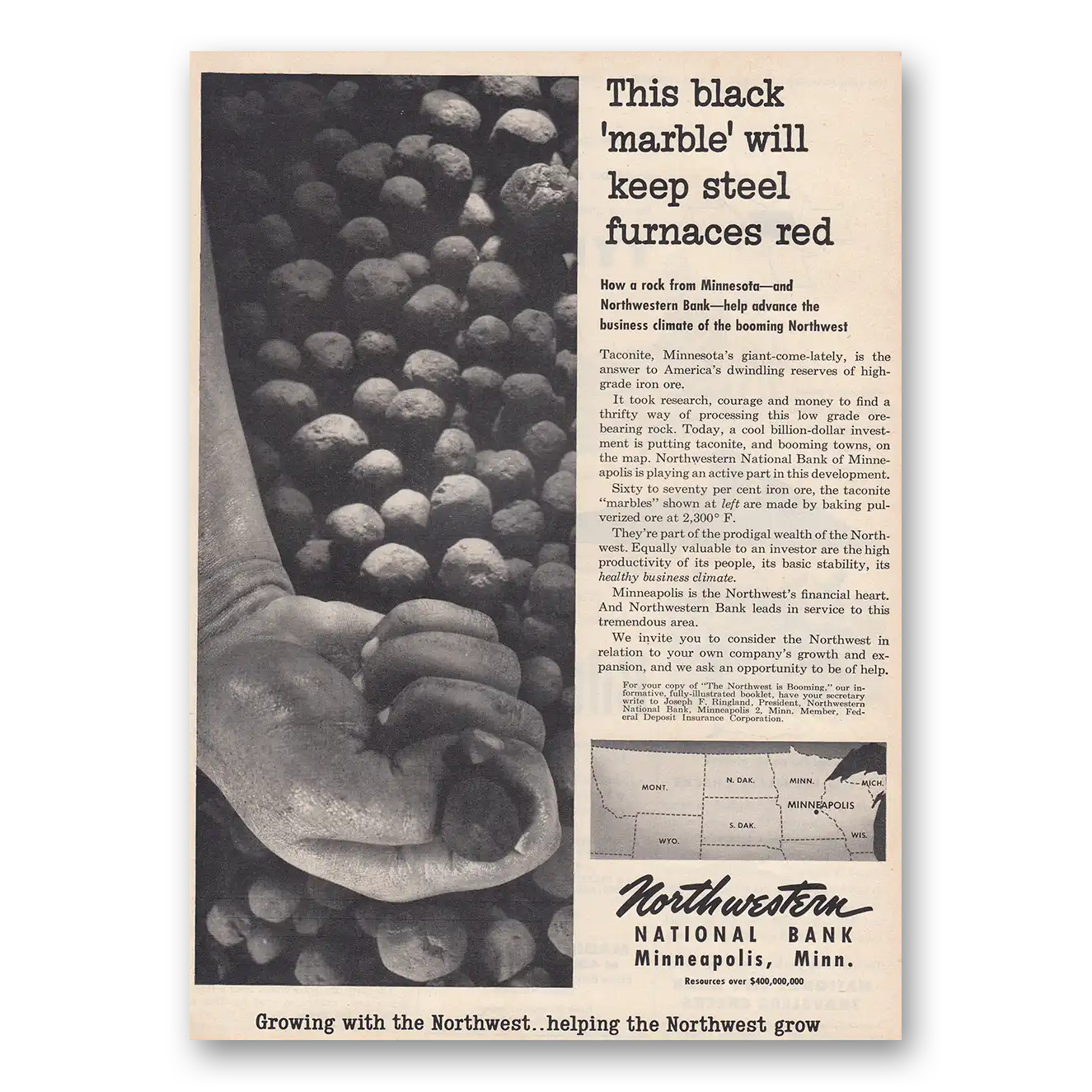 1954 Northwestern National Bank Black Marble Will Keep Steel Furnaces Red Vintage Magazine Print Ad