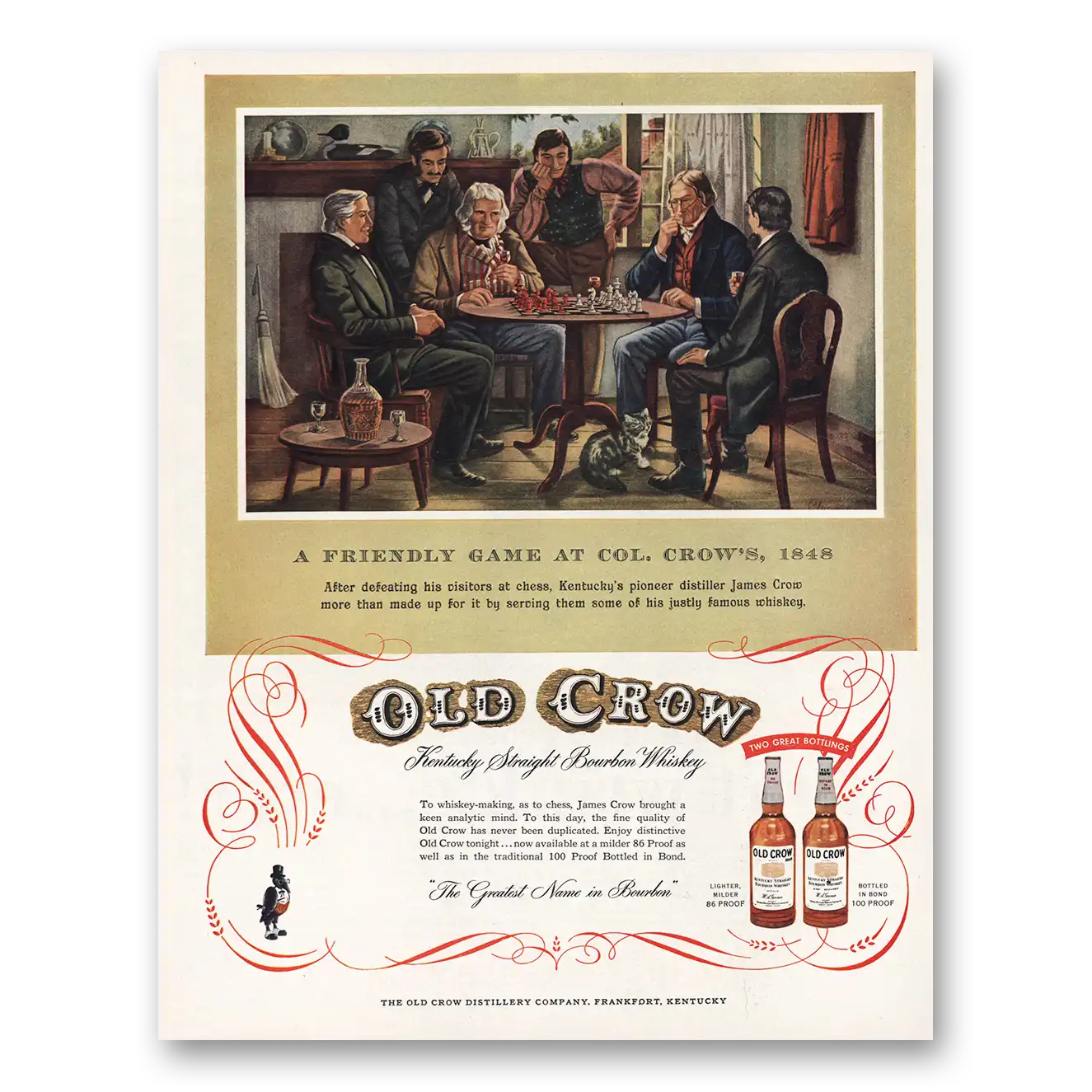 1954 Old Crow Whiskey Friendly Game Col Crows 1948 Vintage Magazine Print Ad