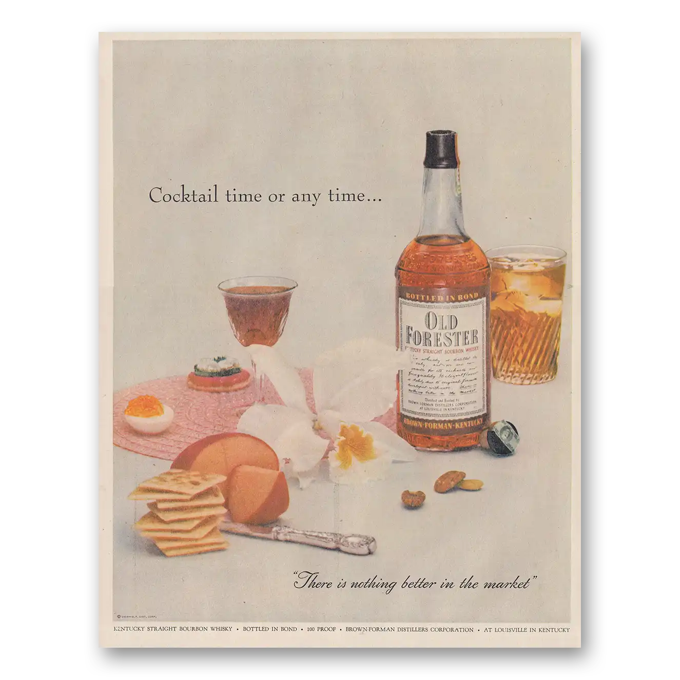 1954 Old Forester Whisky Cocktail Time Or Any Time Vintage Magazine Print Ad