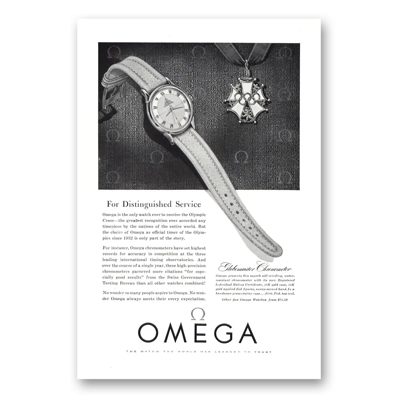 1954 Omega Watch Globemaster Chronometer Distinguished Service Vintage Magazine Print Ad