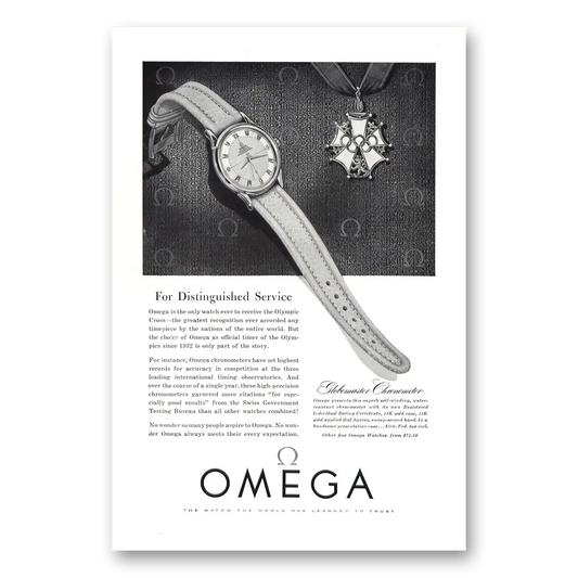 1954 Omega Watch Globemaster Chronometer Distinguished Service Vintage Magazine Print Ad