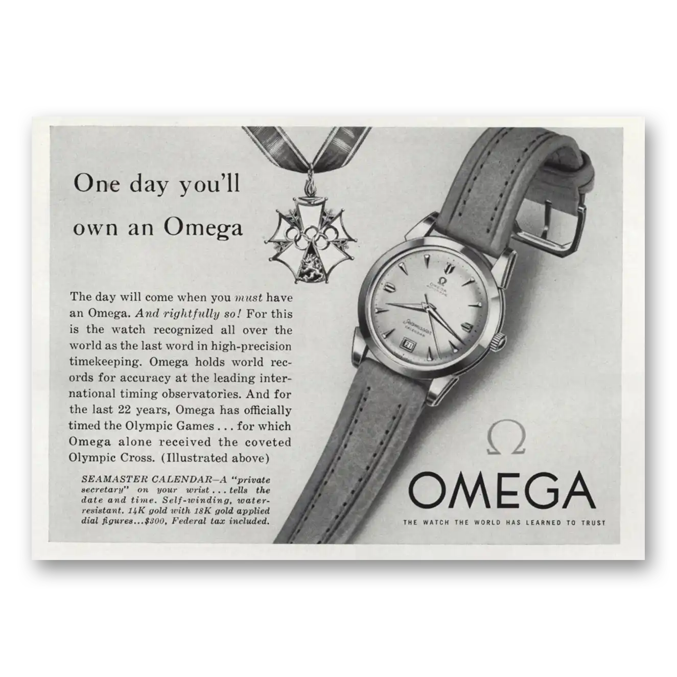 1954 Omega Seamaster Watch Calendar Vintage Magazine Print Ad