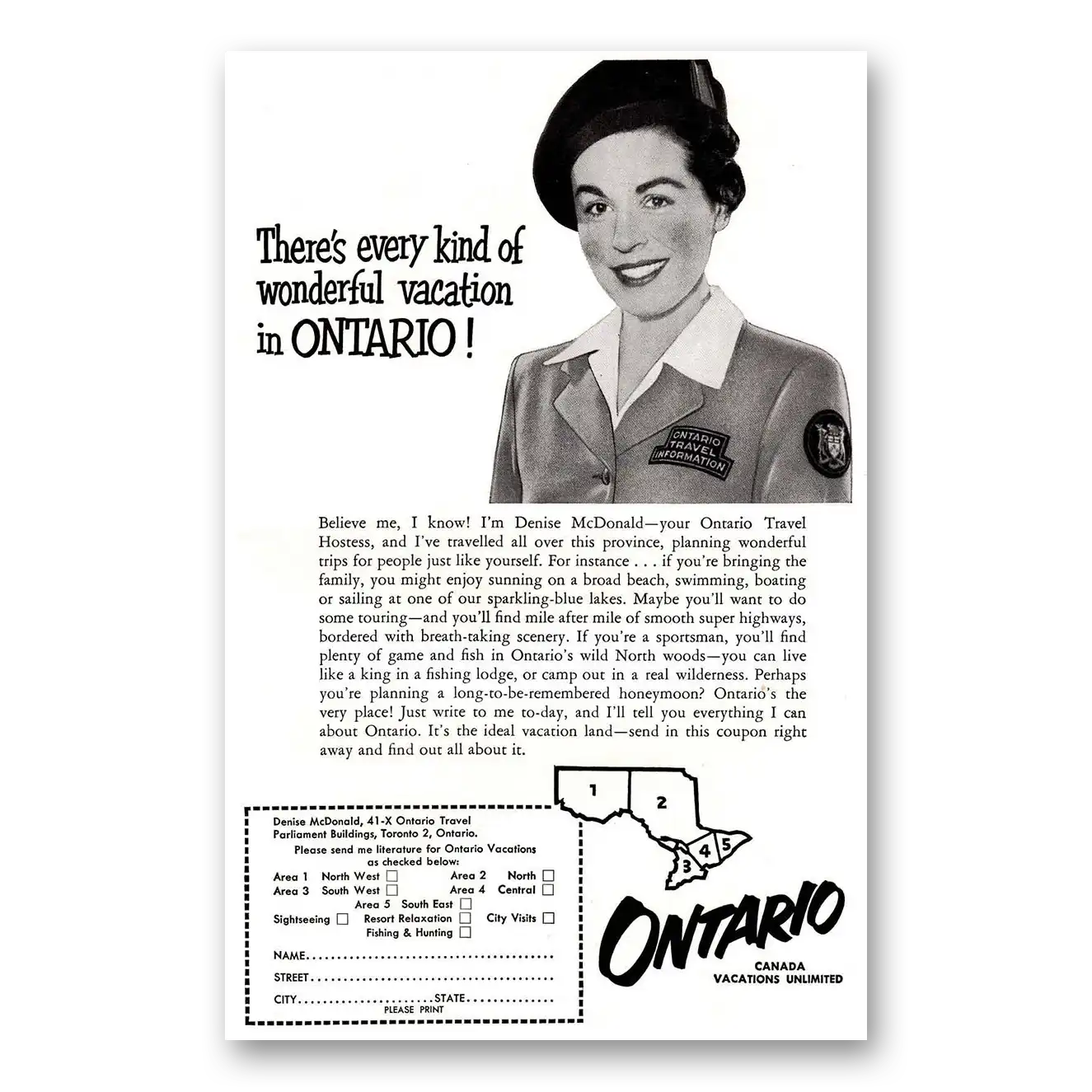 1954 Ontario Canada Wonderful Vacation Vintage Magazine Print Ad