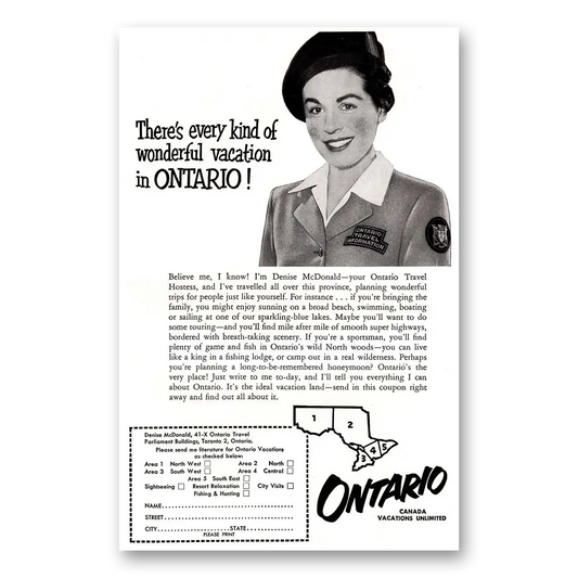 1954 Ontario Canada Wonderful Vacation Vintage Magazine Print Ad