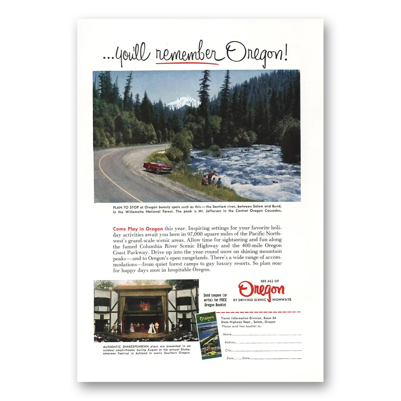 1954 Oregon Santiam River Vintage Magazine Print Ad