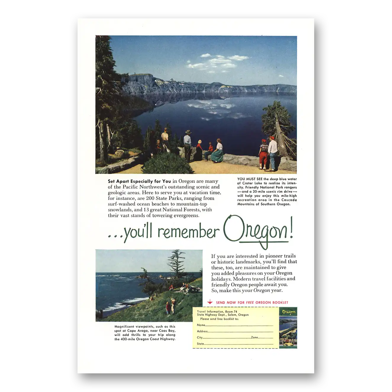 1954 Oregon Crater Lake Vintage Magazine Print Ad