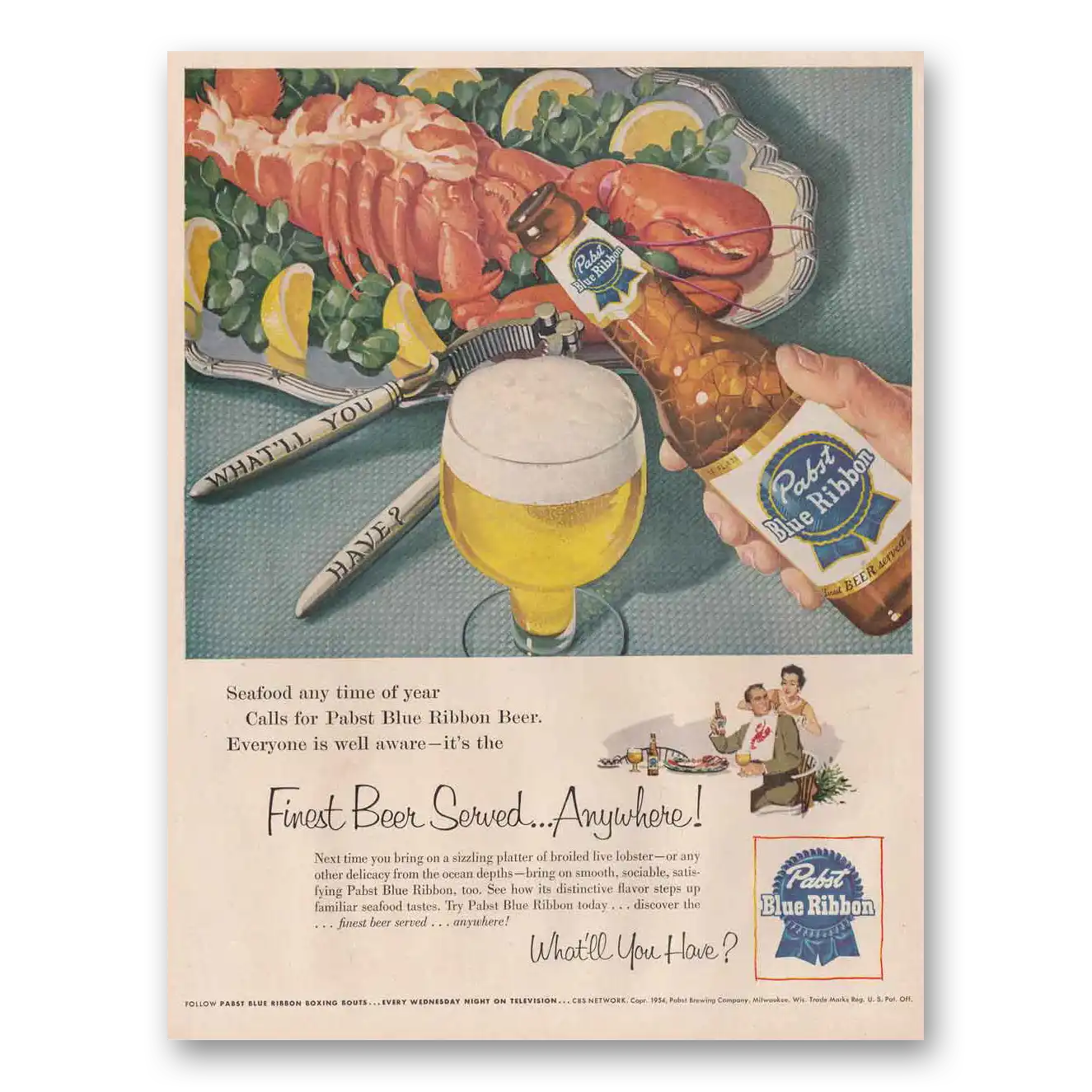 1954 Pabst Blue Ribbon Beer Lobster Seafood Any Time Vintage Magazine Print Ad