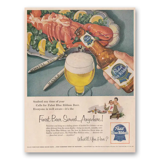 1954 Pabst Blue Ribbon Beer Lobster Seafood Any Time Vintage Magazine Print Ad