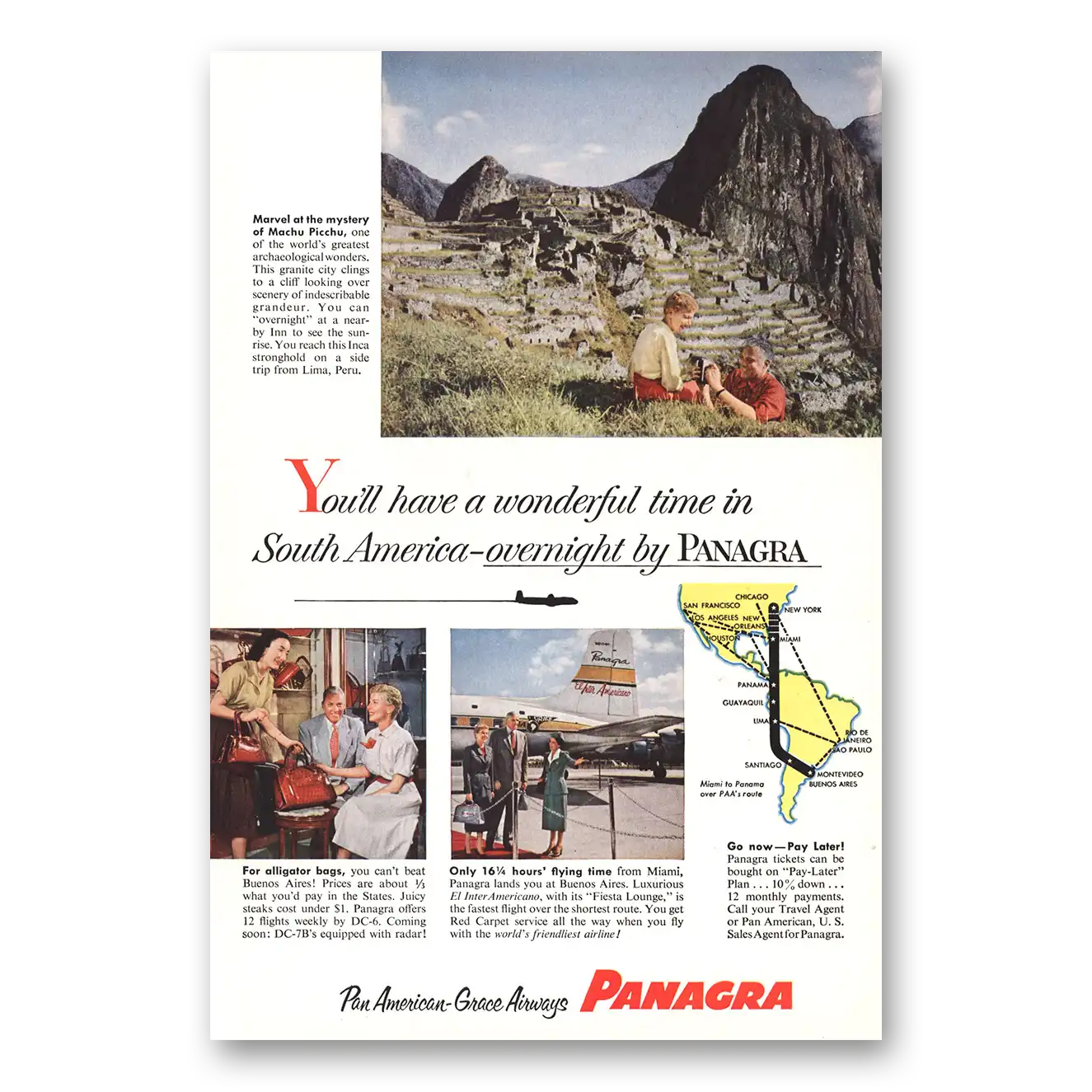 1954 Panagra Airlines Machu Picchu Alligator Bags Vintage Magazine Print Ad